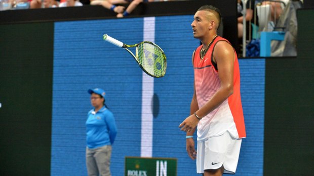 Getting shorty: Australia's Nick Kyrgios lets fly in his match against Pablo Cuevas.