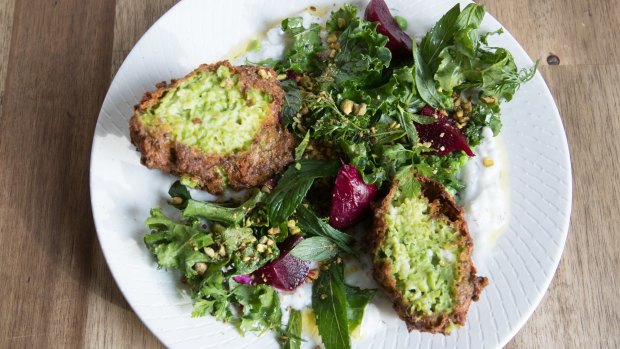 The green pea fritters with toasted pistachio and coconut labne.