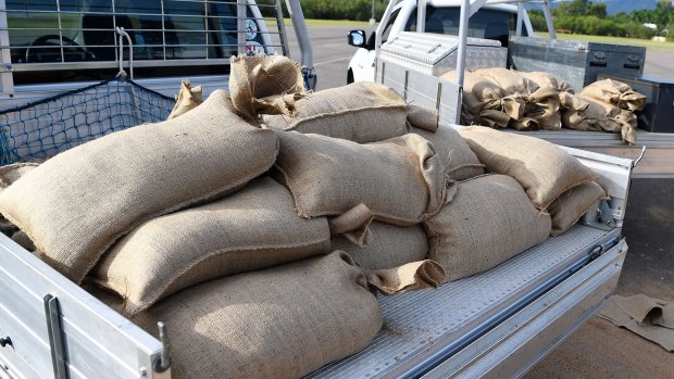 Sandbags are seen in the back of a ute in preparation for Cyclone Debbie.
