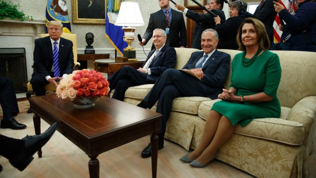 US President Trump meets, from left, Senate Majority Leader Mitch McConnell, Senate Minority Leader Chuck Schumer and House Minority Leader Nancy Pelosi in the Oval Office.