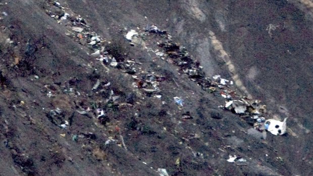 Smashed remnants of the Germanwings passenger jet scattered near Seyne-les-Alpes, French Alps.