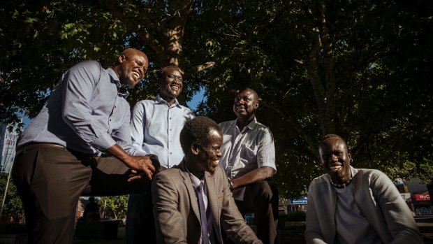 (Clockwise from left) Boing Deng Boing, Agok Takpiny, Michael Apout, Kastro Chol-Mengistu and Robert Aduer are members of the South Sudanese community who want to change perceptions as part of the #AfricanGangs campaign. 