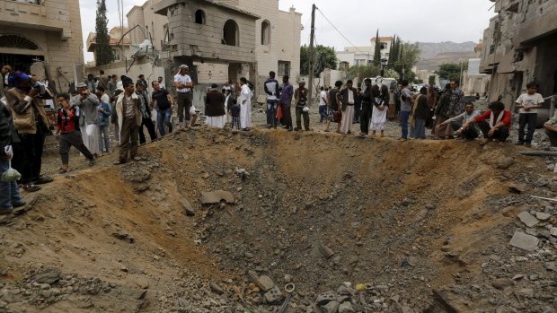 A crater at the site of a Saudi-led coalition air strike in Sanaa.