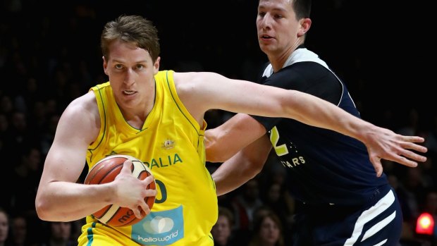 Boom, shake the room: Cameron Bairstow charges to the basket during the match between the Australian Boomers and the Pac-12 College All-Stars at Hisense Arena last week.