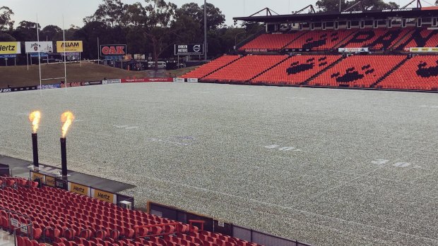 Hailstones covered the ground at Penrith Stadium. 