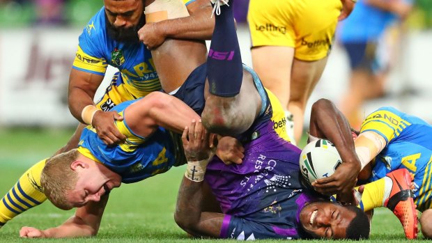 Storm's Suliasi Vunivalu toppled by a couple of Eels.