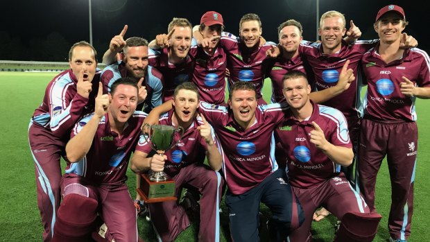 Wests-UC celebrate their T20 grand final win over Weston Creek Molonglo at Manuka Oval on Sunday night.