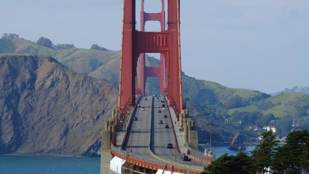 The Golden Gate Bridge in San Francisco, California looking towards Marin County is usually full of traffic.
