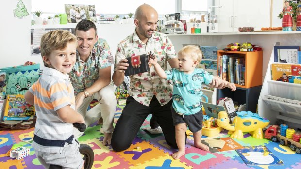 Juan Luis Fernandez (left) and Christian Ruiz Gomez with sons Anxo and Atlas. 