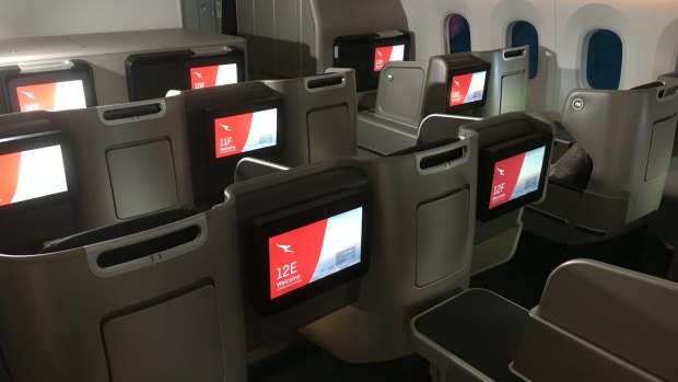The business class cabin on board the Qantas Dreamliner.