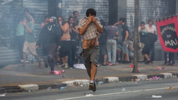 Tear gas was used by police in the Sao Paulo bus fare protest.