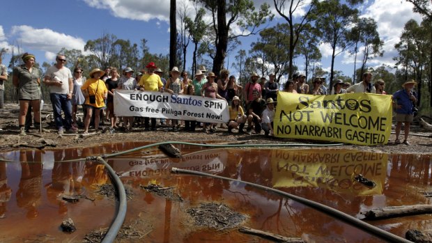 Anti-CSG protesters at the site of a Santos CSG well in the Pilliga.
