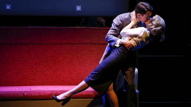 Pure alpha: Matt Day (Roger O. Thornhill) with Amber McMahon (Eve Kendall) in the stage adaptation of <i>North by Northwest</i>.