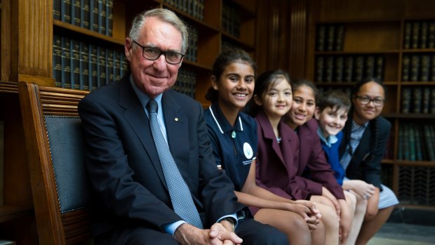 David Gonski with students Adalyah Swann, Hannah Sivas, Nani Crichton, Martin Mackic and Lyndell Feleti, in the NSW State Library.