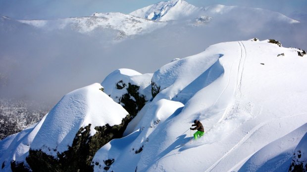 Steve Leeder skiing the Falls Creek backcountry with Mount Feathertop in the distance.