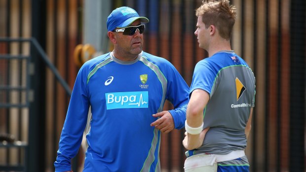 Chat: Darren Lehmann talks to Steve Smith during a nets session at the WACA.