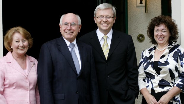 John Howard and his wife Janette show Kevin Rudd and his wife Therese Rein through the Lodge after Rudd's election in November 2007.