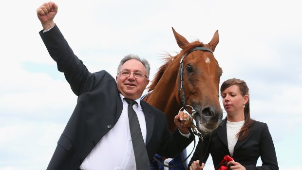 Couldn’t be happier: Trainer Paul Beshara salutes Happy Trails’ thrilling win in the Mackinnon Stakes. 
