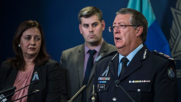Queensland Police Commissioner Ian Stewart, with Premier Annastacia Palaszczuk and Queensland Minister for Police Mark Ryan, speaks about the shooting of police officer Brett Forte and Rick Maddison.