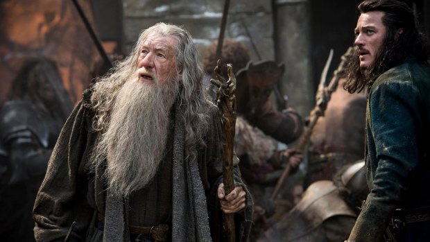 First look at Gandalf (Ian McKellen) and Bard the Bowman (Luke Evans) in <i>The Hobbit: The Battle of the Five Armies</i>. 