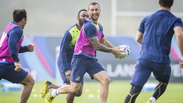 Being watched: Quade Cooper was in good spirits at Wallabies training last week,