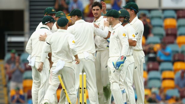 Australia celebrate one of their five wickets on the second day of the Brisbane Test.