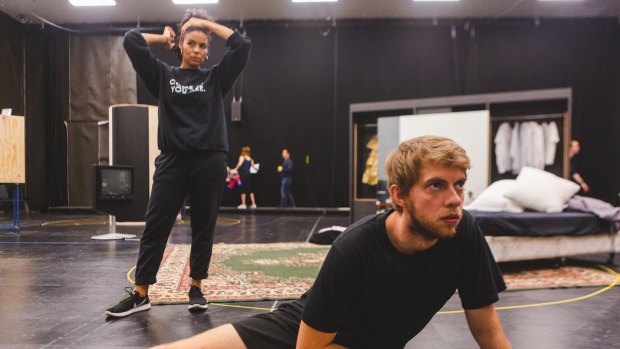 Harry Greenwood (as Brick) and Zahra Newman (as Maggie) in rehearsal for Sydney Theatre Company's production of Cat on a Hot Tin Roof.