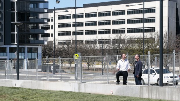 Chief Minister Andrew Barr and SHL Development CEO Terry Shaw look at the landscaping work at the Campbell 5 development opposite the ASIO headquarters.  