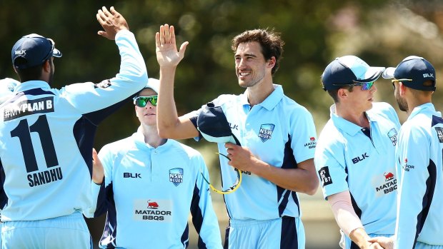 All stars: Mitchell Starc and the Blues celebrate another wicket in the Matador Cup.