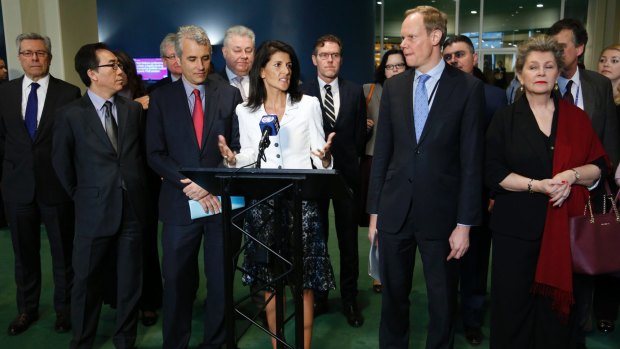 US ambassador to the United Nations Nikki Haley, centre, leads a boycott of nuclear weapons talks by diplomats from 20 nations, including Australia.