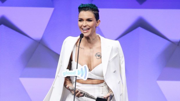 Gay icon: Ruby Rose accepts her award at the annual GLAAD ceremony.