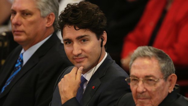 Canadian Prime Minister Justin Trudeau, centre, sits with Raul Castro and Cuba's First Vice-President Miguel Diaz-Canel Bermudez, left, at Havana University earlier this month.