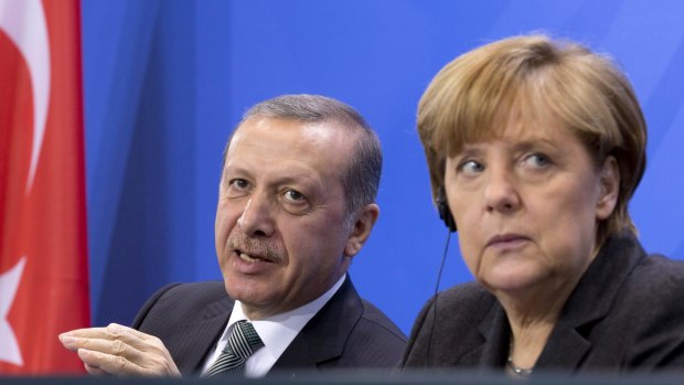 German Chancellor Angela Merkel and Turkish President Recep Tayyip Erdogan during a joint press conference on April 15.