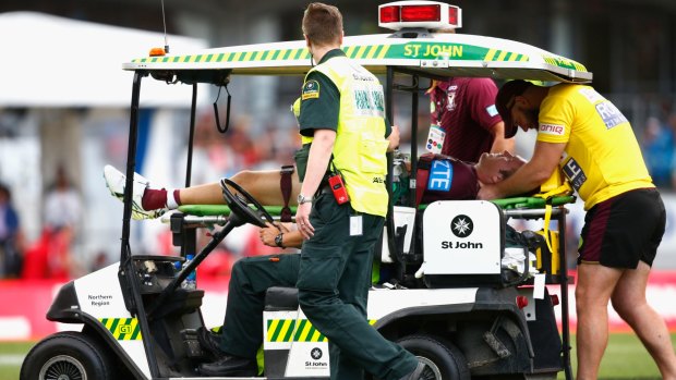 Manly's Jake Trbojevic taken from the field with suspected concussion.