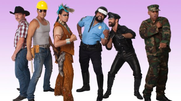 The all-new Village People line-up led by Victor Willis (blue shirt), who left the group in 1979 but has now reclaimed the name.