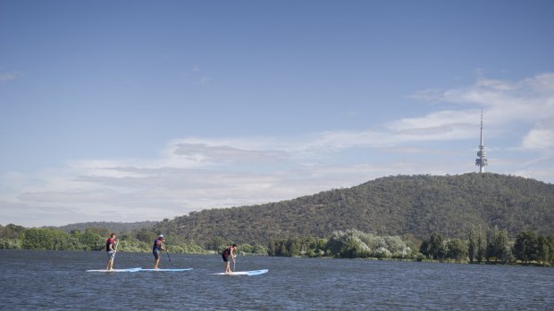 Paddle boarders on Canberra's Lake Burley Griffin.