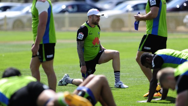 Canberra Raiders five-eighth Blake Austin during training on Tuesday. Austin has been named on the bench for the round-one game against the Penrith Panthers on Saturday.