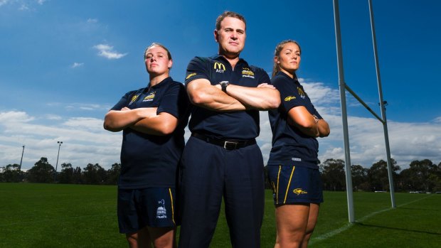 ACT Brumbies women's: Tayla Stanford, coach Tony Doherty and Michaela Leonard.