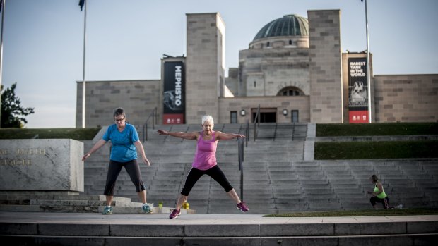 Patti Wilkins leads the morning boot camp at the Australian War Memorial.