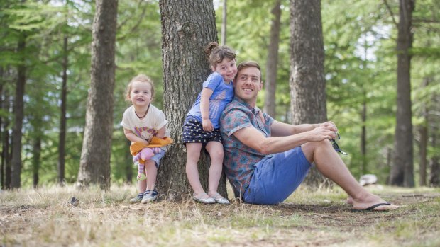 Jason Tolmie with his daughters Neko, 4, and Ada, 2, wearing Foxtrot Threads, a Kickstarter campaign using 100 per cent organic cotton with his own designs for kids' clothing.