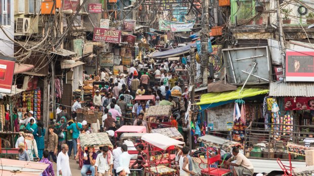 Crowded streets of Old Delhi in India.