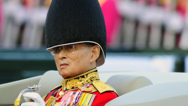 Thai King Bhumibol Adulyadej in a military parade in Bangkok in 2007.