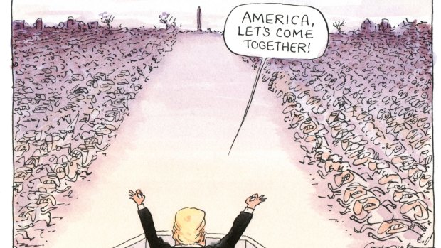 Matt Golding At the inauguration, Trump addresses the crowd, saying 'America, let's come together'.