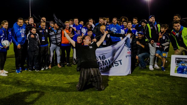 Canberra Olympic celebrate after defeating Green Gully to set up an FFA Cup semi-final showdown with A-League powerhouse Sydney FC.
