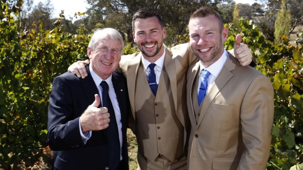 Rugby league great Steve Mortimer with son Matt and Matt's partner Jason on their wedding day at Orange. 