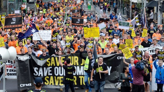 Protests at Victorian state Parliament this month calling for he Heyfield Timber Mill to be kept open.