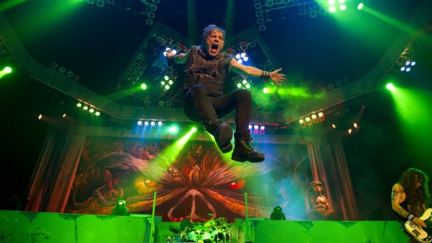 Bruce Dickinson, in full flight, in concert with Iron Maiden.