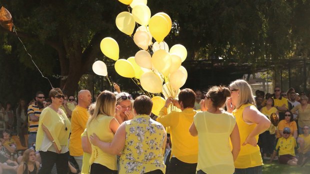 Yellow balloons were released in honour of Stephanie Scott on April 11.