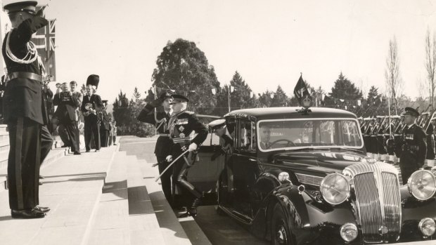 Sir William Slim arrives at Parliament in Canberra, 1954. 