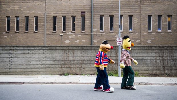 Sesame Street's Bert and Ernie outside the Canberra Theatre. 